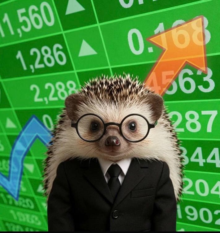 Hedge the Hedgehog in a black suit against a green market board